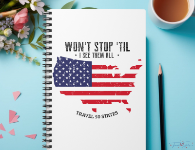 won't stop 'til I see them all travel 50 states spiral notebook. usa map outline with blue white starts, red and white stripes.