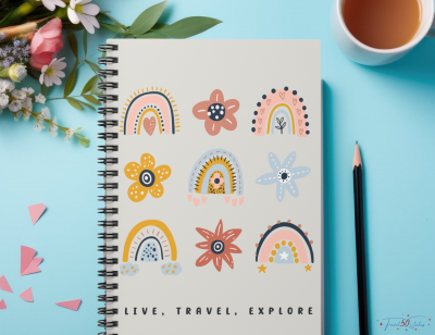 Live Travel Explore spiral notebook. Boho flowers and rainbows on cover in pink, yellow, blue.